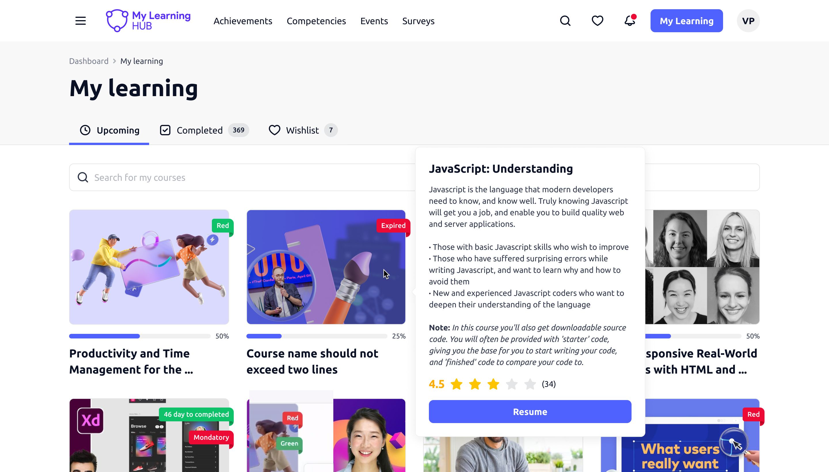 screenshot of My Learning Hub